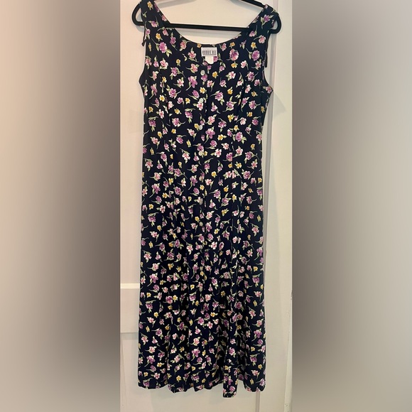 Vintage 90s Robbie Bee Black Floral Button Front Sleeveless Midi Dress Size 14 - Picture 1 of 8